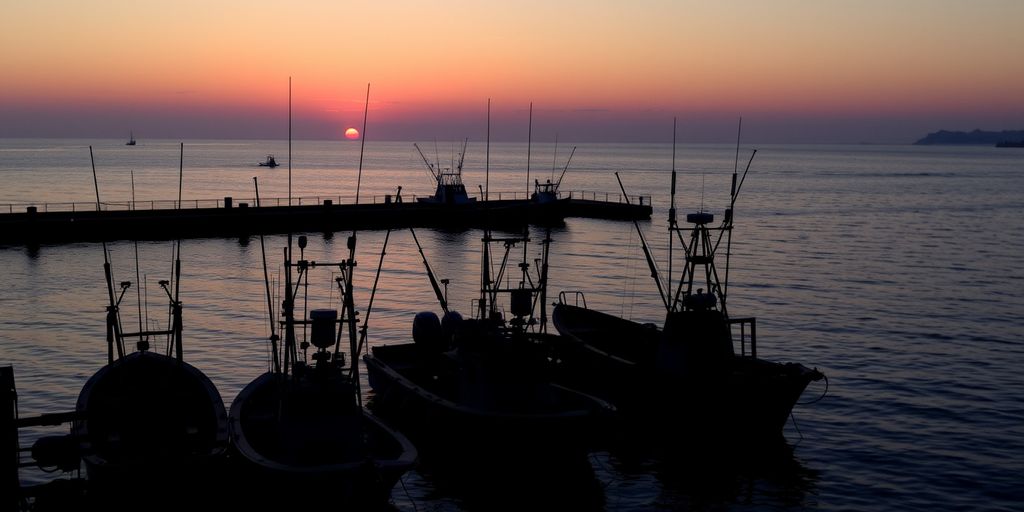 Fishing boats at sunrise, calm waters